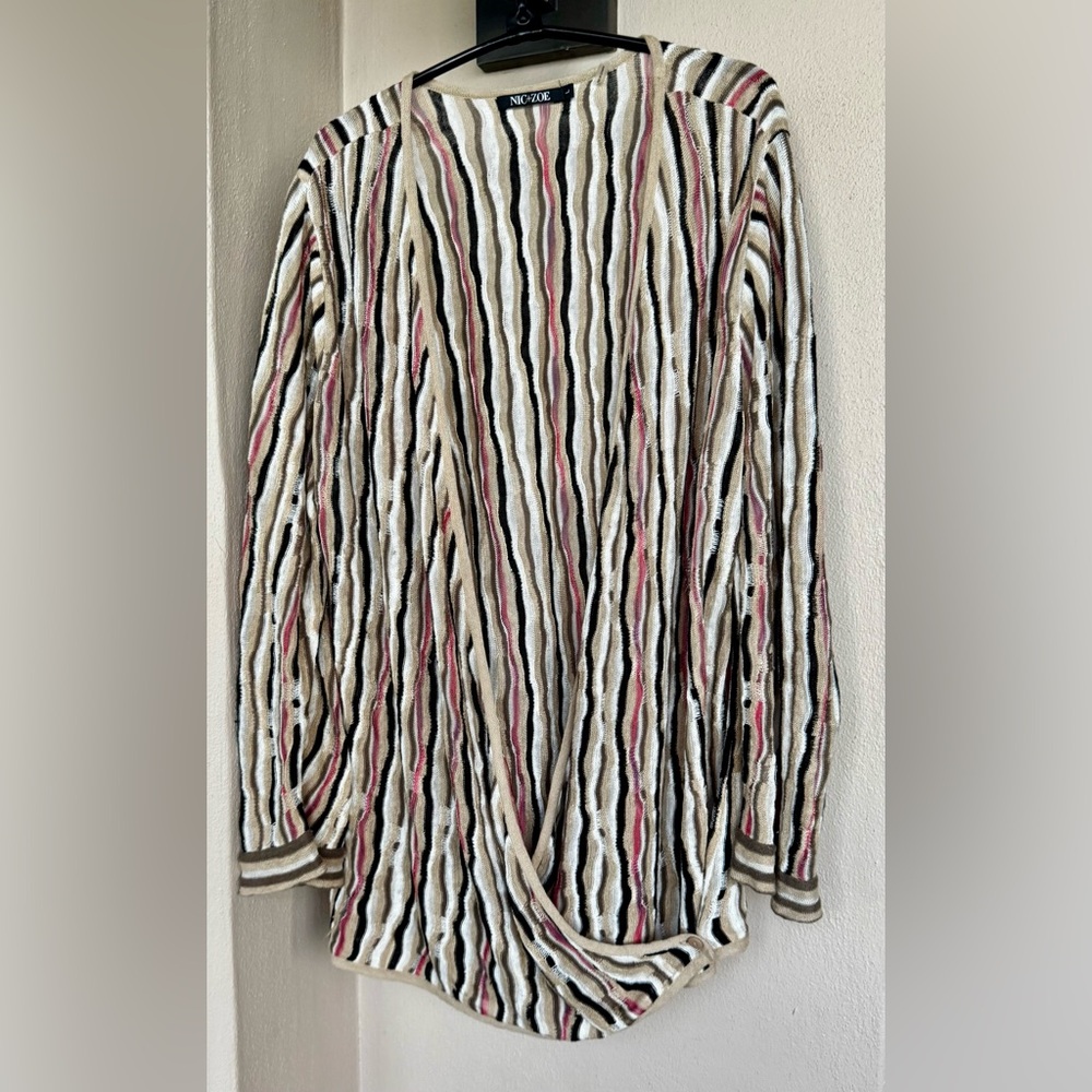 NIC+ZOE VNeck Long Sleeve Linen Blend Crossover Cardigan Multicolor Stripe Large